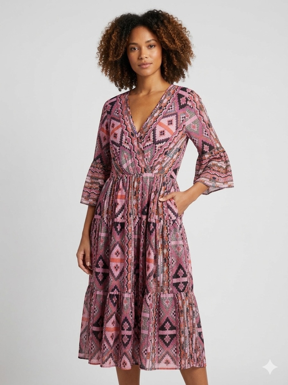 Kobi Halperin Bohemian Ikat Print Tiered Wrap Dress - Size Small